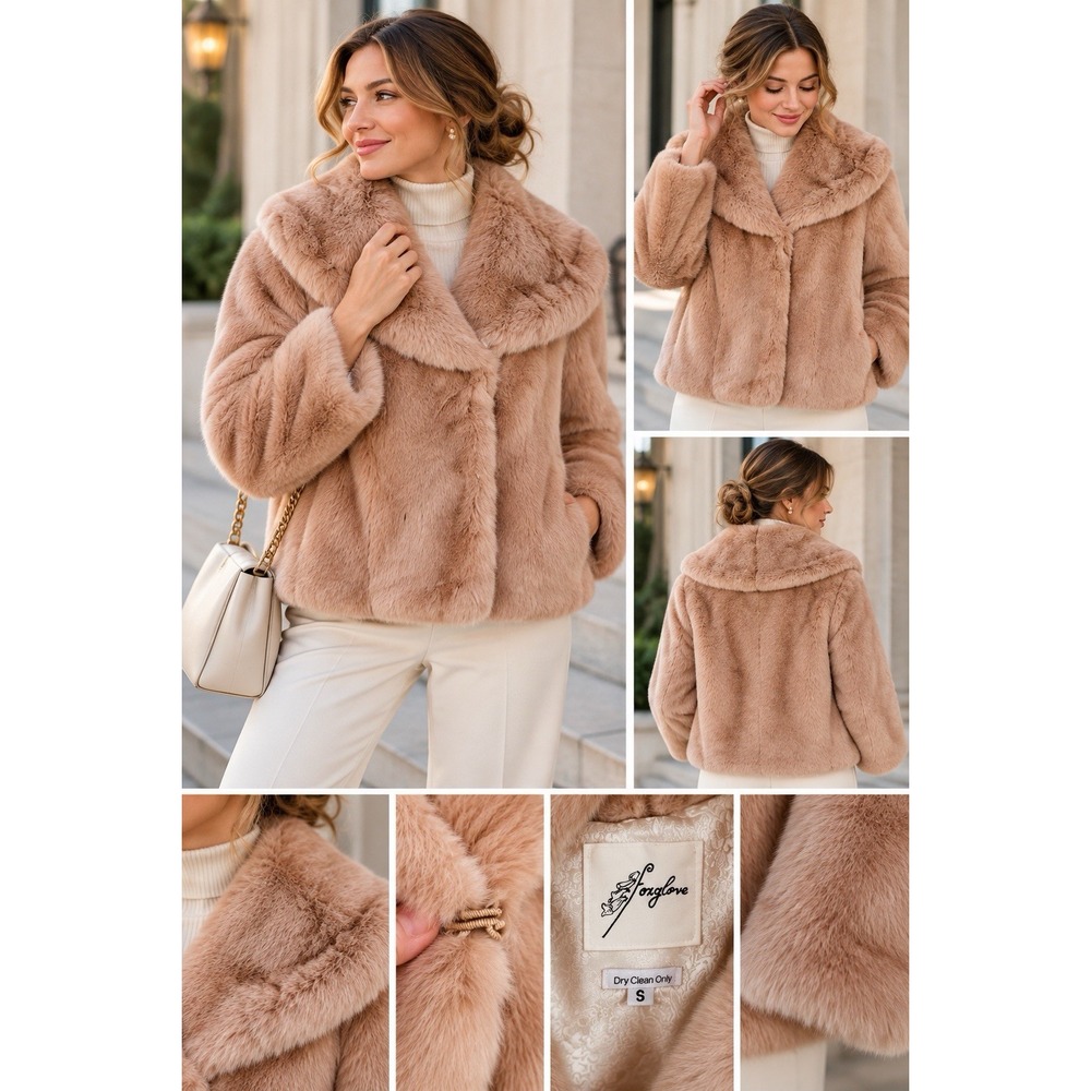 Foxglove Women's Small Faux Fur Coat Jacket Pink Blush Shawl Collar Lined